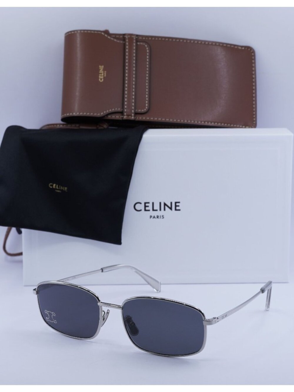 Celine CL40285U RHINESTONE TRIOMPHE 16A Rectangle Sunglasses - Palladium / Grey